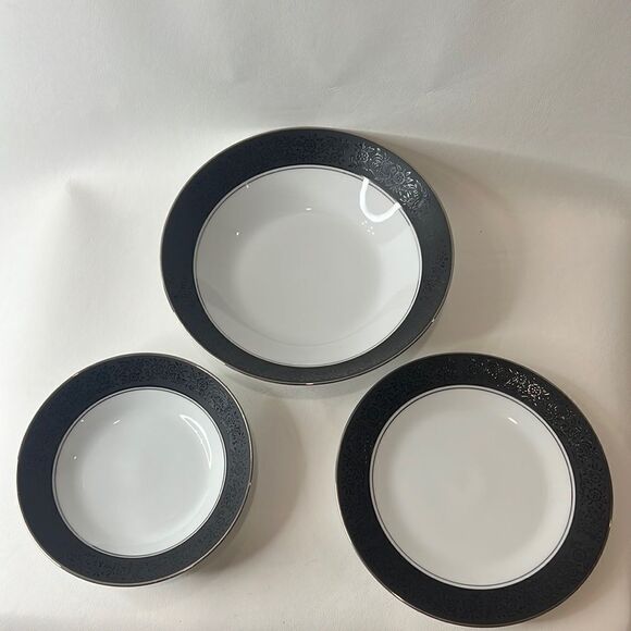 Noritake China 3 Piece Set Mirano, Japan Gray Floral Trim Silver White 6878 - Picture 1 of 6